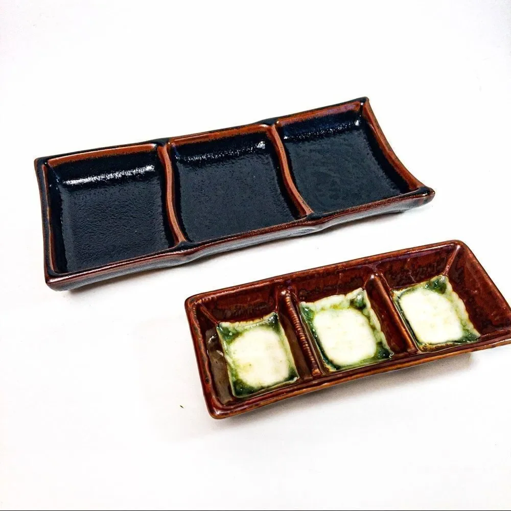 Two Ceramic 3-Saucer Soy, Ginger, Wasabi Serving Dishes